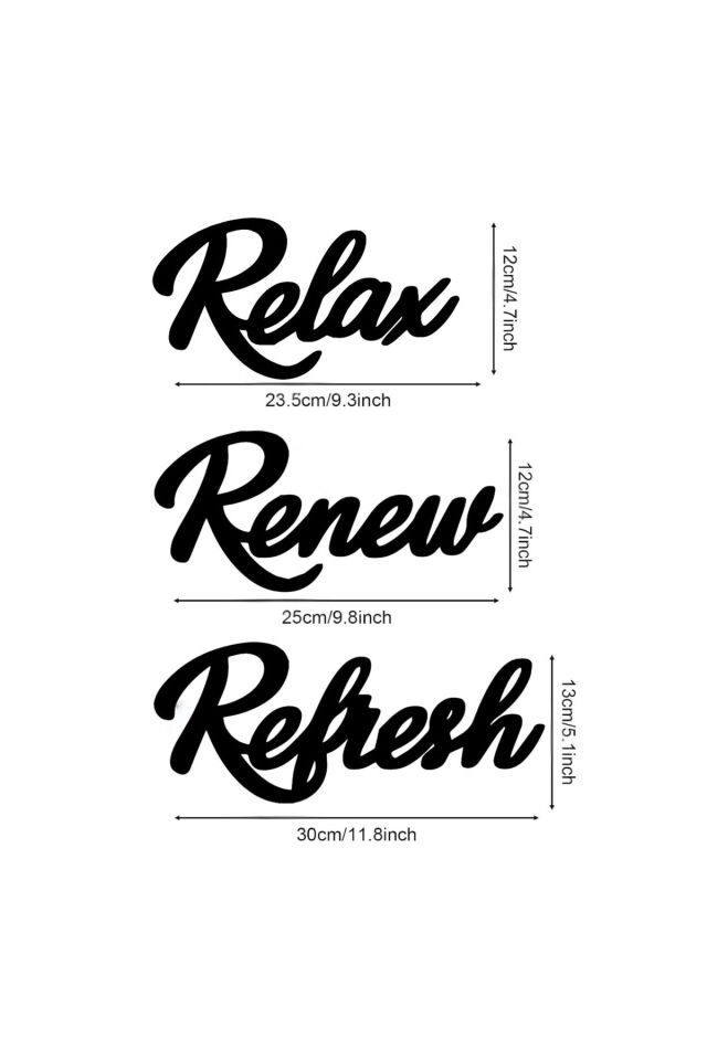 Relax Renew Refresh Siyah Ahşap Yazı Seti – Modern Duvar Dekoru, Motivasyonel Sözler