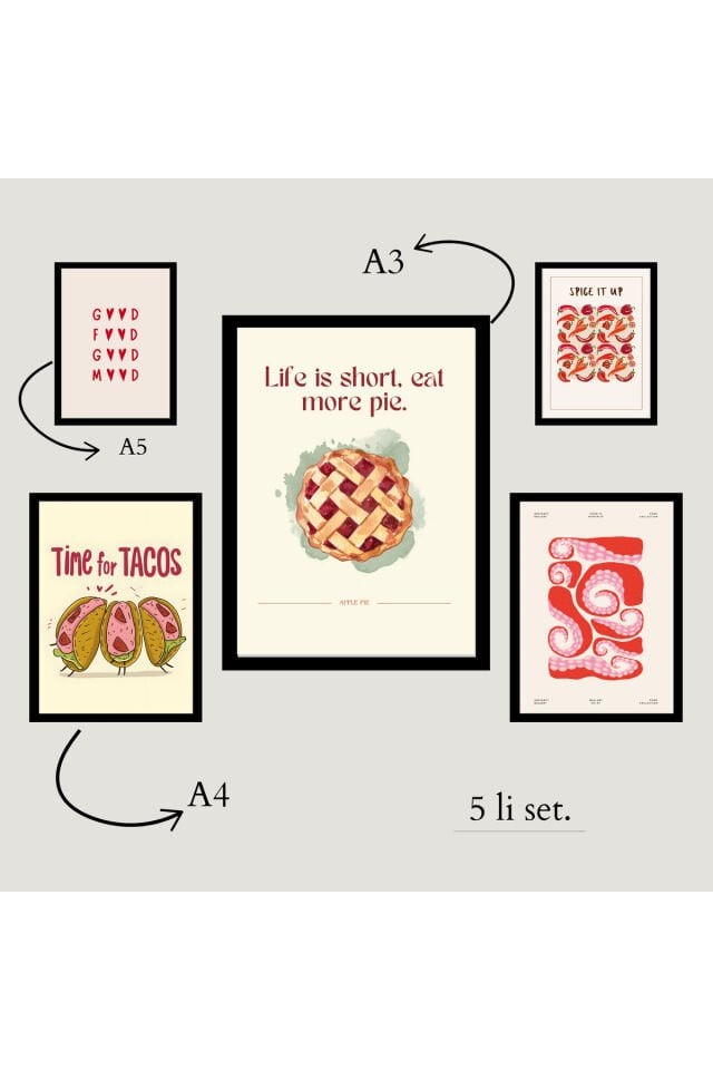 5’li Çerçeveli Modern Mutfak Tablo Seti – Siyah Ahşap, A3 A4 A5 Boyutlarda Dekoratif Duvar Sanatı