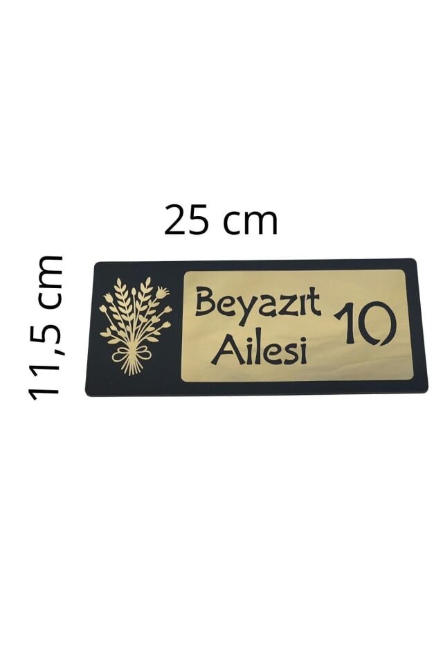 Kişiye Özel Siyah Ahşap Gold Pleksi Çiçek Motifli Kapı Numarası ve İsimlik Tabela