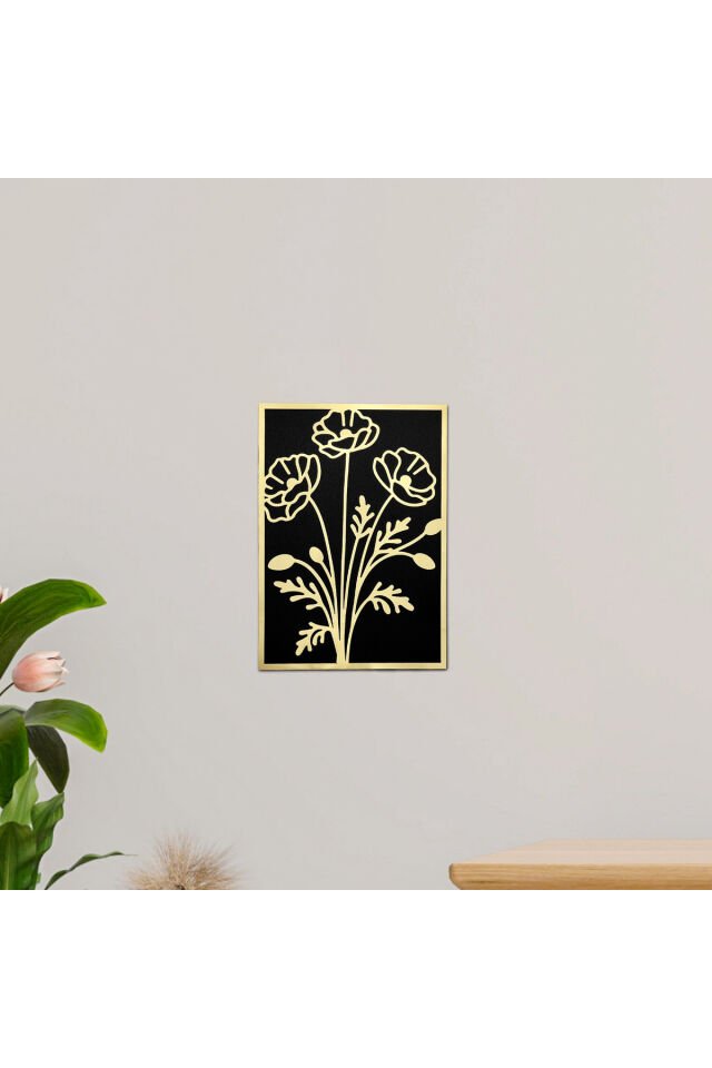 Gold Pleksi Çiçek Motifli Siyah Ahşap Dekoratif Tablo 15x20 cm Şık Duvar Süsü Ev Ofis Dekor