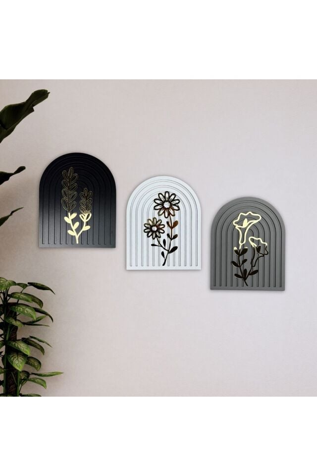 Gold Çiçek Detaylı Ahşap Gökküşağı Duvar Tablo Seti – Siyah Beyaz Gri 70x25 cm Dekoratif Set