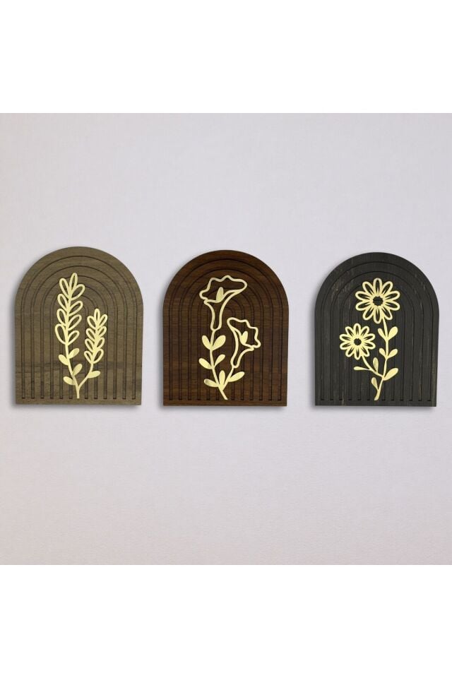 Gold Çiçek Detaylı Ahşap Gökküşağı Duvar Tablo Seti – 70x25 cm Dekoratif Ev Ofis Süsleme