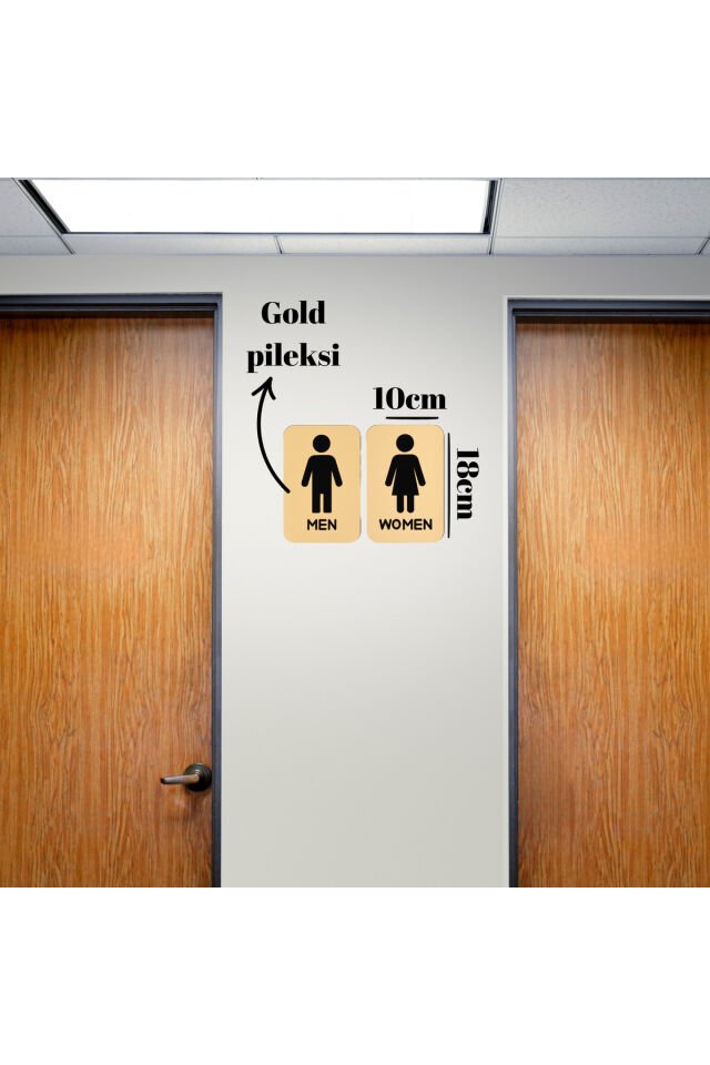 Gold Pleksi Ahşap WC Kapı Tabelası – Men Women Tuvalet İşareti Levhası (10x18 cm)