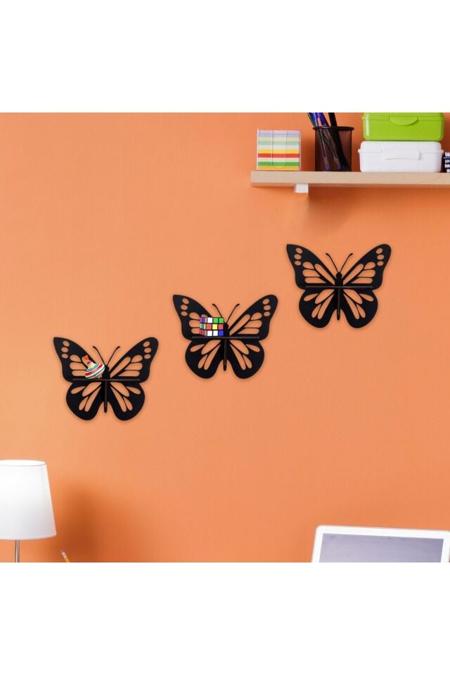 Dekoratif Kelebek Duvar Rafı Seti | 3 Parça Ahşap MDF Raf | Siyah Renk | 14x8 cm Mini Raf