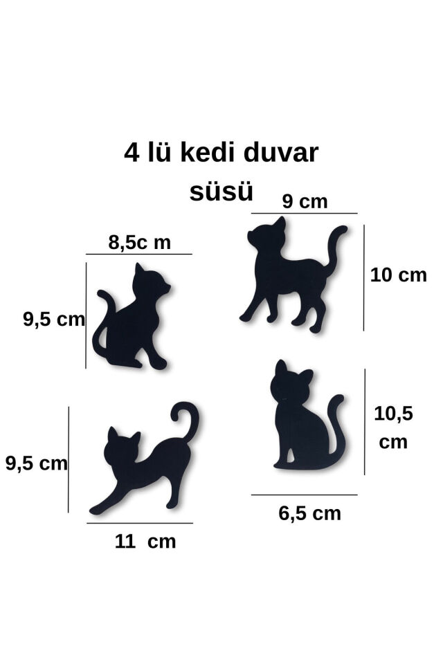 Dekoratif 4'lü Kedi Duvar Süsü Duvar Dekorasyon Şirin Dekoratif Ürünler - Siyah Ahşap MDF