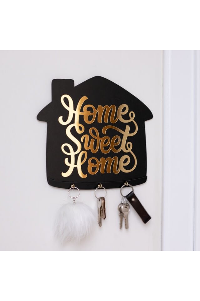Gold Yazılı Siyah Ahşap Anahtar Askılığı – Home Sweet Home Duvar Dekoru