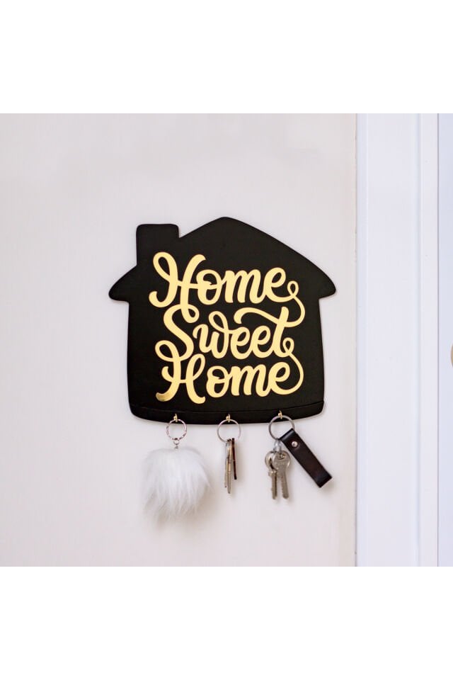 Gold Yazılı Siyah Ahşap Anahtar Askılığı – Home Sweet Home Duvar Dekoru