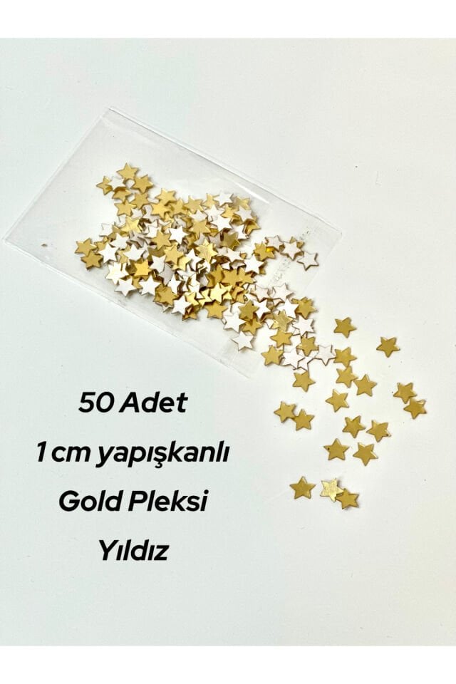 Gold Pleksi Yıldız 1 Cm Yapışkanlı Hobi Süsleme Aksesuar 50 Adet