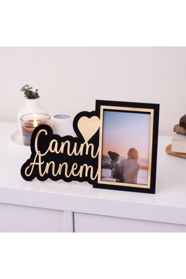 Canım Annem Yazılı Ahşap Fotoğraf Çerçevesi Gold Yazılı | 18x24 cm Anneler Günü Hediyesi
