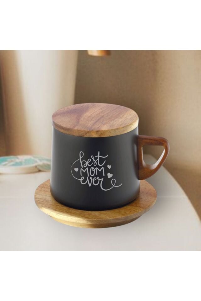 Ahşap Altlıklı Çelik Termos Bardak 250 ml Kapasiteli Annelere Özel Kazıma Desenli Termos- Kalpli Best Mom Ever