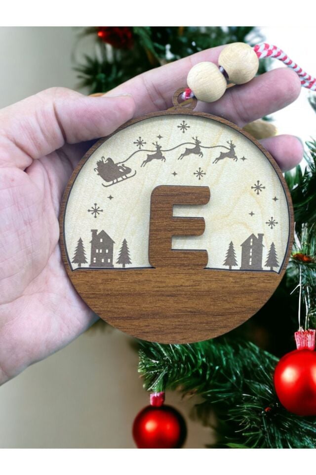 İskandinav Tarzı E Harfi Yılbaşı Ağaç Süsü, Kişiye Özel Minimalist Noel Baba Desenli Çam Ağacı Süsü