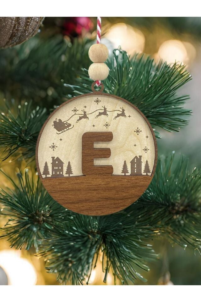 İskandinav Tarzı E Harfi Yılbaşı Ağaç Süsü, Kişiye Özel Minimalist Noel Baba Desenli Çam Ağacı Süsü